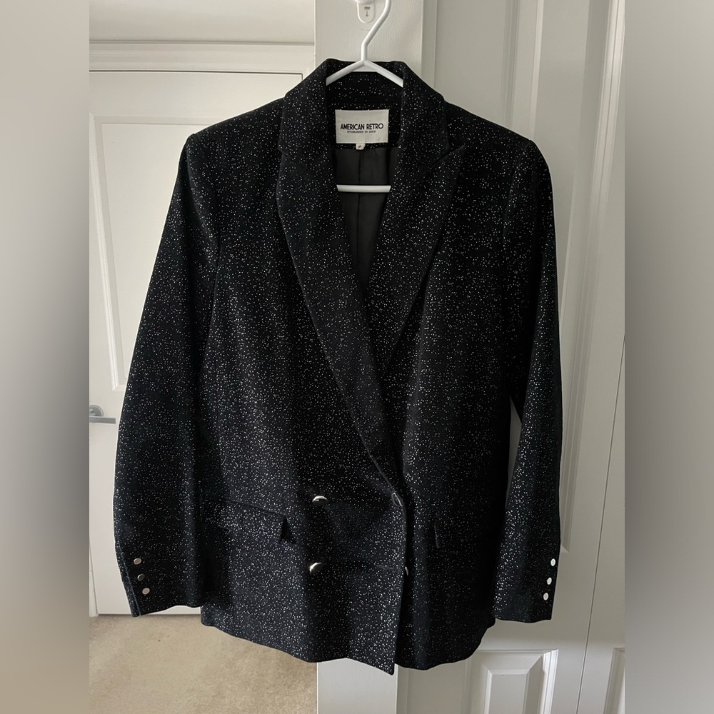 American Retro | ✨Vintage Black Velvet Blazer with Silver Glitter ✨ | Size 6